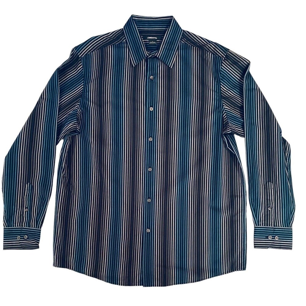 Liz Claiborne Mens Large L Blue Gray Black Striped Button Up Shirt Long Sleeve